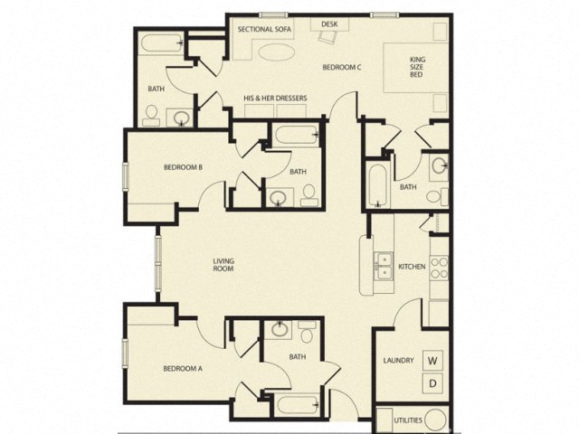 Floor plan for 3 beds, 4 baths, 1425 sqft